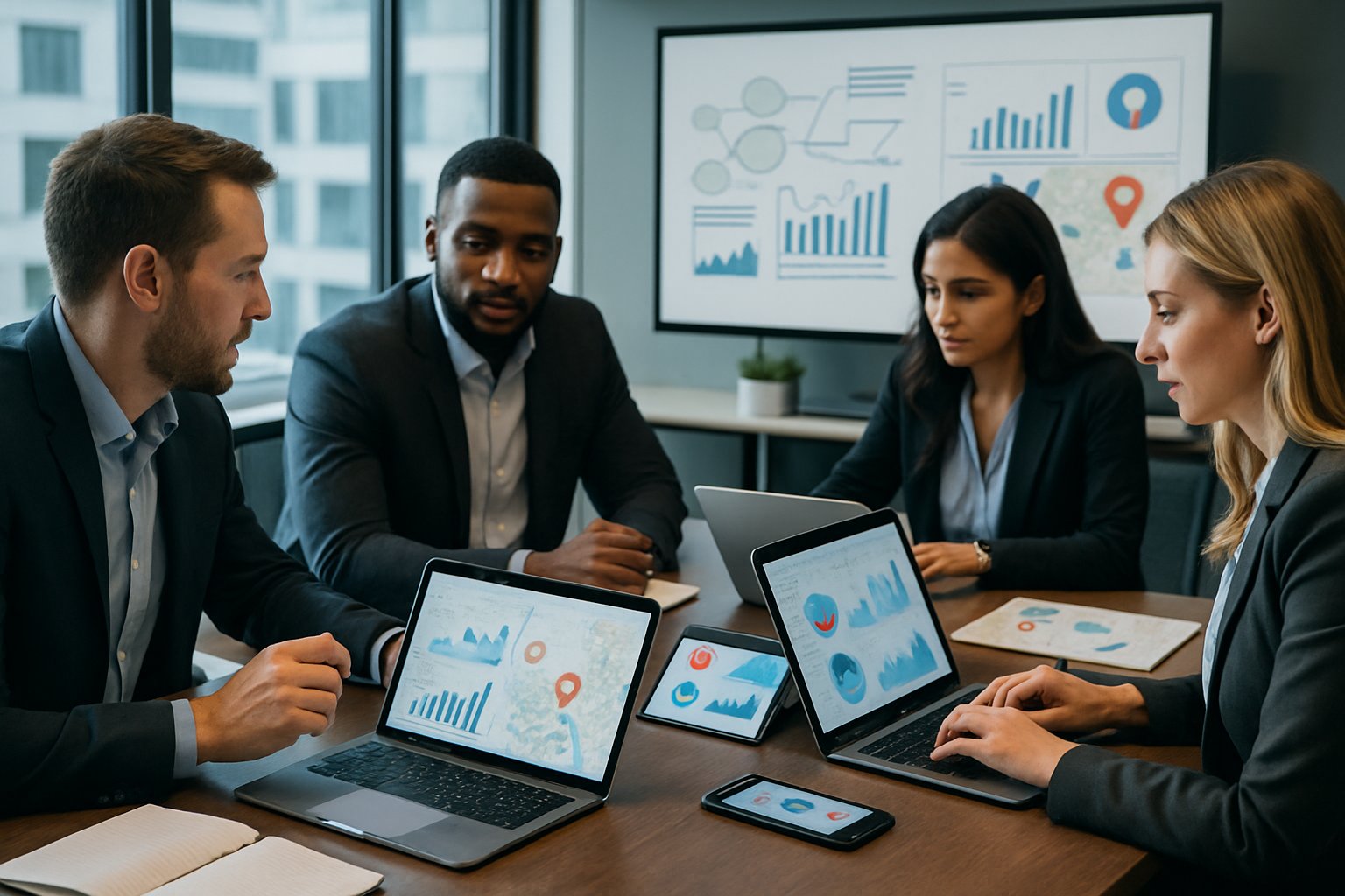 A group of professionals collaborating around a table with digital devices showing graphs and maps related to local search optimization.